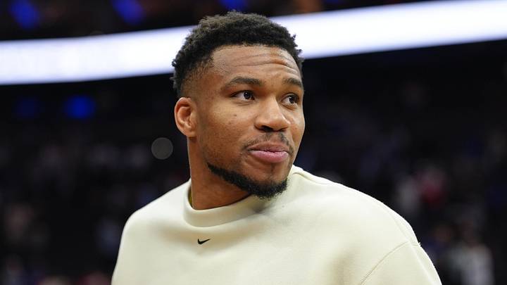 Apr 12, 2026; Philadelphia, Pennsylvania, USA; Milwaukee Bucks forward Giannis Antetokounmpo looks on after the game against the Philadelphia 76ers at Xfinity Mobile Arena. Mandatory Credit: Kyle Ross-Imagn Images