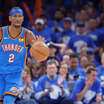May 18, 2025; Oklahoma City, Oklahoma, USA; Oklahoma City Thunder guard Shai Gilgeous-Alexander (2) dribbles the ball down the court against the Denver Nuggets in the second half during game seven of the second round for the 2025 NBA Playoffs at Paycom Center. Mandatory Credit: Alonzo Adams-Imagn Images