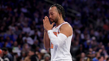 Nov 5, 2025; New York, New York, USA; New York Knicks guard Jalen Brunson (11) gestures under the basket before the start of a game against the Minnesota Timberwolves at Madison Square Garden. Mandatory Credit: Brad Penner-Imagn Images