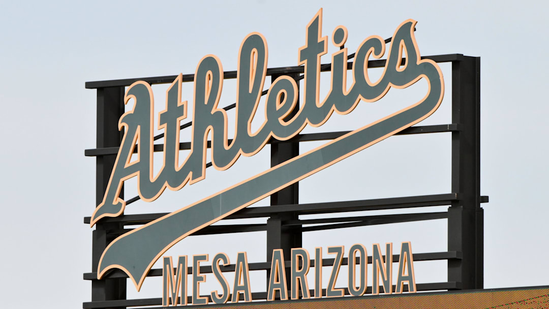 Feb 11, 2026; Mesa, AZ, USA;  General view of the scoreboard during an Athletics Spring Training workout at HoHhokum stadium. Mandatory Credit: Matt Kartozian-Imagn Images