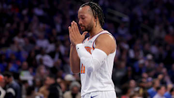 Nov 5, 2025; New York, New York, USA; New York Knicks guard Jalen Brunson (11) gestures under the basket before the start of a game against the Minnesota Timberwolves at Madison Square Garden. Mandatory Credit: Brad Penner-Imagn Images