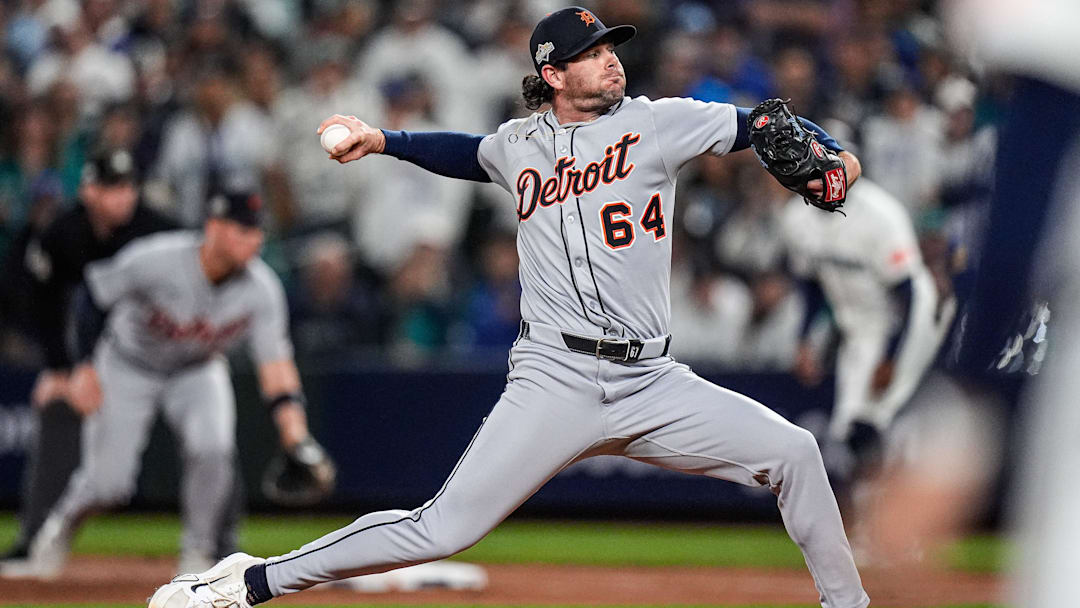 Detroit Tigers pitcher Kyle Finnegan (64) throws against Seattle Mariners during the seventh inning during ALDS Game 5 at T-Mobile Park in Seattle on Friday, Oct. 10, 2025.