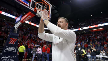 Jan 30, 2024; Oxford, Mississippi, USA; Mississippi Rebels head coach Chris Beard reacts after defeating the Mississippi State Bulldogs at The Sandy and John Black Pavilion at Ole Miss. Mandatory Credit: Petre Thomas-USA TODAY Sports