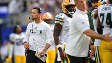 Oct 6, 2024; Inglewood, California, USA; Green Bay Packers head coach Matt LaFleur watches game action against the Los Angeles Rams during the second half at SoFi Stadium. Mandatory Credit: Gary A. Vasquez-Imagn Images
