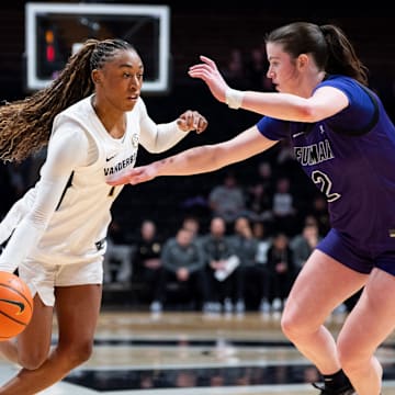 Vanderbilt Commodores guard Mikayla Blakes (1) dribbles the ball while Furman Paladins forward Clare Coyle (2) defends during the women’s basketball game between Vanderbilt vs Furman at the Memorial Gymnasium in Nashville on Monday, Nov. 10, 2025.