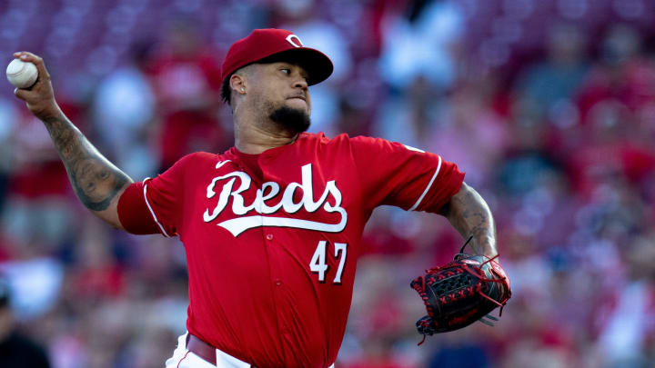 Cincinnati Reds pitcher Frankie Montas (47) delivers a pitch in the first inning of the MLB game between Cincinnati Reds and Colorado Rockies at Great American Ball Park in Cincinnati on Wednesday, July 10, 2024.