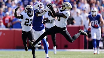 Saints safety Jonas Sanker snags an interception in a noon matchup against the Buffalo Bills on Sep. 28, 2025.