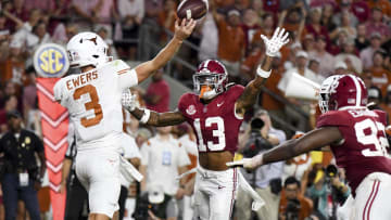 Sep 9, 2023; Tuscaloosa, Alabama, USA;  Texas Longhorns quarterback Quinn Ewers (3) throws the ball against the Alabama Crimson Tide.