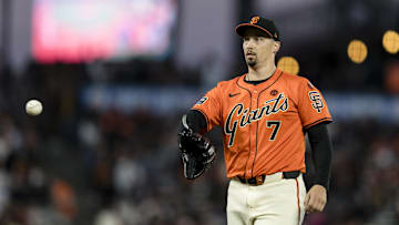 Aug 30, 2024; San Francisco, California, USA; San Francisco Giants starting pitcher Blake Snell (7) prepares to throw against the Miami Marlins during the third inning at Oracle Park.