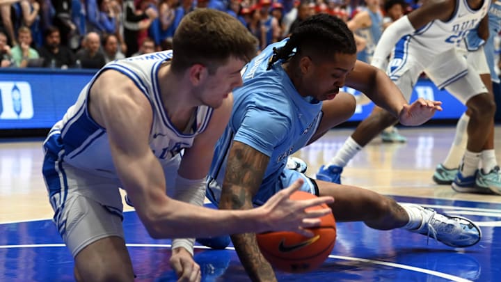 Mar 9, 2024; Durham, North Carolina, USA; North Carolina Tar Heels forward Armando Bacot (5) grabs a