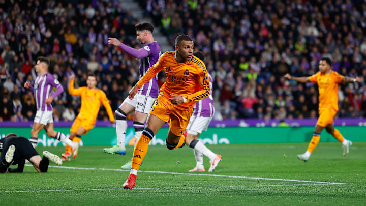 Kylian Mbappé scored his first hat trick for Real Madrid on Saturday in their 3-0 La Liga win against Real Valladolid. Kylian Mbappé scored his first hat trick for Real Madrid on Saturday in their 3-0 La Liga win against Real Valladolid.