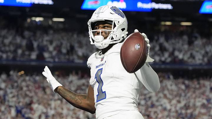 Oct 5, 2025; Orchard Park, New York, USA; Buffalo Bills wide receiver Curtis Samuel (1) scores a touchdown against the New England Patriots during the second half at Highmark Stadium. Mandatory Credit: Gregory Fisher-Imagn Images