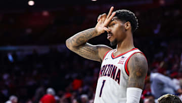 Dec 21, 2024; Tucson, Arizona, USA; Arizona Wildcats guard Caleb Love (1) celebrates a three pointer made during the second half of the game against the Central Michigan Chippewas at McKale Center.