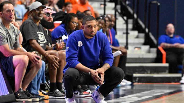 Aug 13, 2025; Uncasville, Connecticut, USA; Chicago Sky head coach Tyler Marsh looks on during the second half against the Connecticut Sun at Mohegan Sun Arena. Mandatory Credit: Eric Canha-Imagn Images