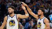 October 18, 2022; San Francisco, California, USA; Golden State Warriors guard Klay Thompson (11) and guard Stephen Curry (30) during the second quarter against the Los Angeles Lakers at Chase Center. Mandatory Credit: Kyle Terada-Imagn Images