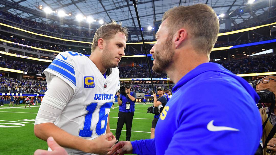 Dec 14, 2025; Inglewood, California, USA; Detroit Lions quarterback Jared Goff (16) and Los Angeles Rams head coach Sean McVay greet each other after the game at SoFi Stadium. Mandatory Credit: Gary A. Vasquez-Imagn Images