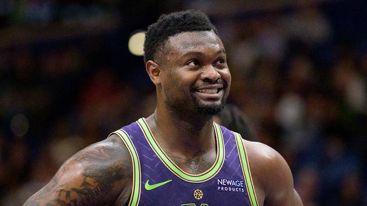 Mar 17, 2025; New Orleans, Louisiana, USA;  New Orleans Pelicans forward Zion Williamson (1) reacts during the first half against the Detroit Pistons at Smoothie King Center. Mandatory Credit: Matthew Hinton-Imagn Images