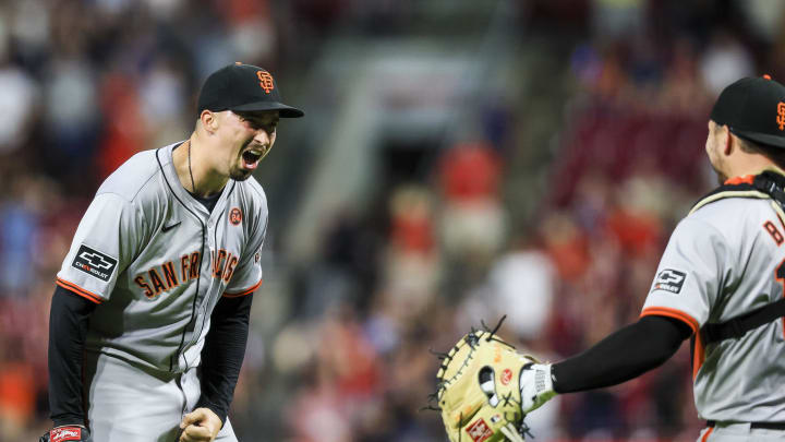 Aug 2, 2024; Cincinnati, Ohio, USA; San Francisco Giants starting pitcher Blake Snell (7) celebrates after throwing a no-hitter against the Cincinnati Reds at Great American Ball Park. 