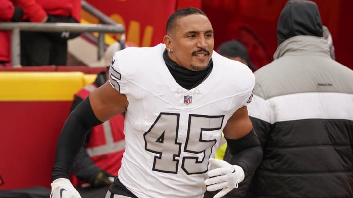 Dec 25, 2023; Kansas City, Missouri, USA; Las Vegas Raiders fullback Jakob Johnson (45) runs onto the field against the Kansas City Chiefs prior to a game at GEHA Field at Arrowhead Stadium.  