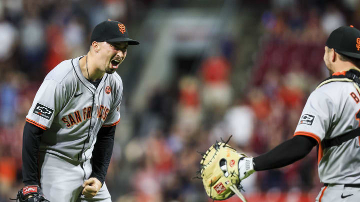 Aug 2, 2024; Cincinnati, Ohio, USA; San Francisco Giants starting pitcher Blake Snell (7) celebrates after throwing a no-hitter against the Cincinnati Reds at Great American Ball Park. 