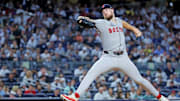 Sep 30, 2025; Bronx, New York, USA; Boston Red Sox pitcher Garrett Crochet (35) throws a pitch during the fourth inning against the New York Yankees during game one of the Wildcard round for the 2025 MLB playoffs at Yankee Stadium. Mandatory Credit: Brad Penner-Imagn Images