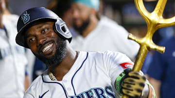 Seattle Mariners left fielder Randy Arozarena celebrates after hitting a home run against the San Diego Padres on Aug. 26 at T-Mobile Park.