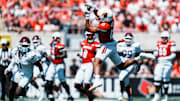 Louisville Cardinals wide receiver Antonio Meeks (15) makes a catch in the first half against EKU at the Cardinals' season opener Saturday, August 30, 2025 at L&N Federal Credit Union Stadium in Louisville, Kentucky.
