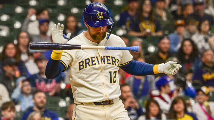Jun 9, 2025: Milwaukee Brewers first baseman Rhys Hoskins (12) reacts after striking out in the sixth inning against the Atlanta Braves at American Family Field. 