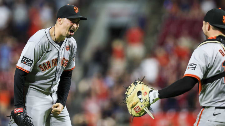 Aug 2, 2024; Cincinnati, Ohio, USA; San Francisco Giants starting pitcher Blake Snell (7) celebrates after throwing a no-hitter against the Cincinnati Reds at Great American Ball Park. Mandatory Credit: Katie Stratman-USA TODAY Sports