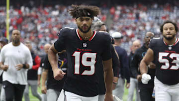 Sep 29, 2024; Houston, Texas, USA; Houston Texans wide receiver Xavier Hutchinson (19) during the game against the Jacksonville Jaguars at NRG Stadium. Mandatory Credit: Troy Taormina-Imagn Images
