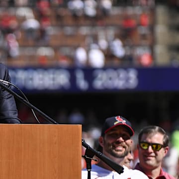 Oct 1, 2023; St. Louis, Missouri, USA;  St. Louis Cardinals president of baseball operation John Mozeliak speaks at a retirement ceremony for starting pitcher Adam Wainwright (50) before a game against the Cincinnati Reds at Busch Stadium. Mandatory Credit: Jeff Curry-USA TODAY Sports