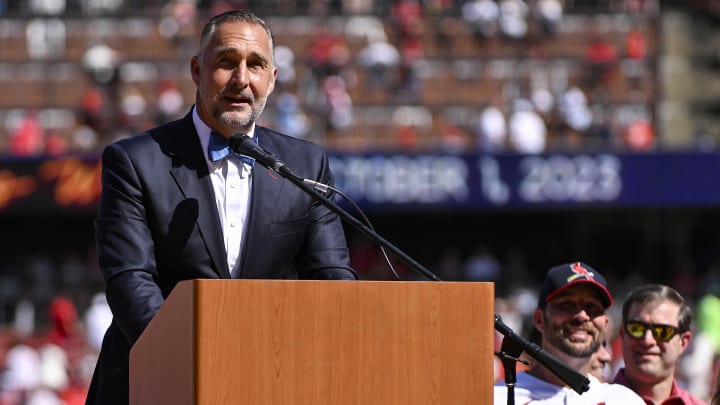 Oct 1, 2023; St. Louis, Missouri, USA;  St. Louis Cardinals president of baseball operation John Mozeliak speaks at a retirement ceremony for starting pitcher Adam Wainwright (50) before a game against the Cincinnati Reds at Busch Stadium. Mandatory Credit: Jeff Curry-USA TODAY Sports