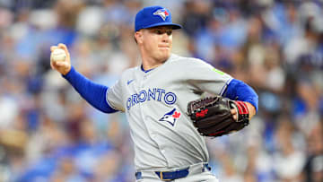 Sep 19, 2025; Kansas City, Missouri, USA; Toronto Blue Jays relief pitcher Braydon Fisher (63) pitches during the first inning against the Kansas City Royals at Kauffman Stadium. Mandatory Credit: Jay Biggerstaff-Imagn Images