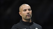 Oct 22, 2025; Charlotte, North Carolina, USA; Brooklyn Nets head coach Jordi Fernandez reacts during the second half against the Charlotte Hornets at the Spectrum Center. Mandatory Credit: Sam Sharpe-Imagn Images