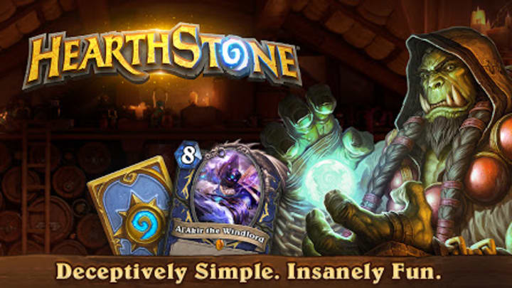 Hearthstone logo and a big orc with a hood