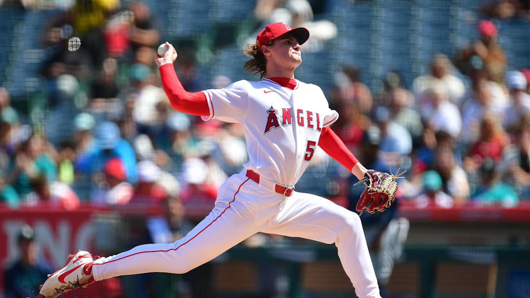 Apr 5, 2026; Anaheim, California, USA; Los Angeles Angels pitcher George Klassen (58) throws against the Seattle Mariners during the third inning at Angel Stadium. Mandatory Credit: Gary A. Vasquez-Imagn Images