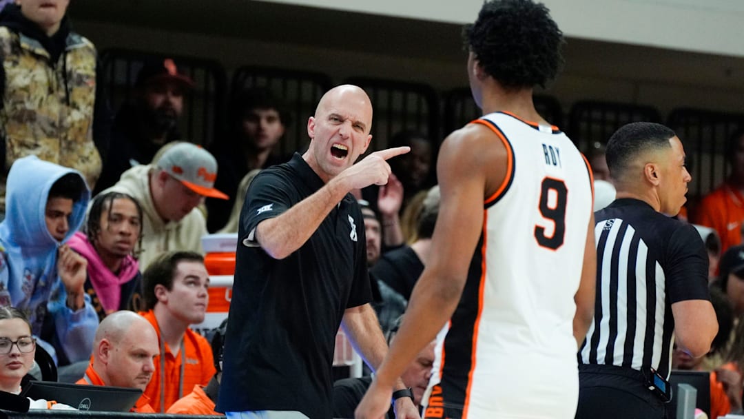 Oklahoma State coach Steve Lutz shouts at Oklahoma State Cowboys guard Anthony Roy (9) during a BIG 12 men's college basketball game between the Oklahoma State Cowboys (OSU) and the BYU Cougars at Gallagher-Iba Arena in Stillwater, Okla., Wednesday, Feb. 4, 2026.