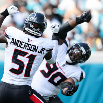 Sep 21, 2025; Jacksonville, Florida, USA; Houston Texans defensive end Will Anderson Jr. (51) celebrates after a sack during the second quarter against the Jacksonville Jaguars at EverBank Stadium. Mandatory Credit: Morgan Tencza-Imagn Images