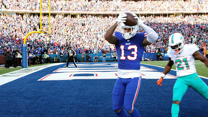 Bills receiver Gabe Davis keeps is fee in bounds for a touchdown against Miami   s Eric Rowe. This