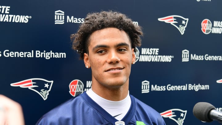 Jun 12, 2024; Foxborough, MA, USA;  New England Patriots cornerback Christian Gonzalez (0) speaks to the media during press availability at minicamp at Gillette Stadium.  Mandatory Credit: Eric Canha-USA TODAY Sports