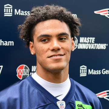 Jun 12, 2024; Foxborough, MA, USA;  New England Patriots cornerback Christian Gonzalez (0) speaks to the media during press availability at minicamp at Gillette Stadium.  Mandatory Credit: Eric Canha-USA TODAY Sports