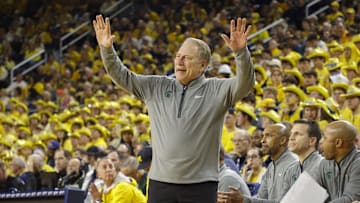 Feb 21, 2025; Ann Arbor, Michigan, USA; Michigan State Spartans head coach Tom Izzo looks on during the first half against the Michigan Wolverines at Crisler Center. Mandatory Credit: Brian Bradshaw Sevald-Imagn Images