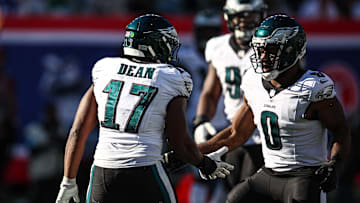 Oct 20, 2024; East Rutherford, New Jersey, USA; Philadelphia Eagles linebacker Nakobe Dean (17) and defensive end Bryce Huff (0) celebrate after a defensive stop during the second half against the New York Giants at MetLife Stadium. Mandatory Credit: Vincent Carchietta-Imagn Images