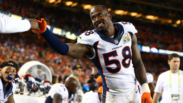 Denver Broncos linebacker Von Miller (58) against the Carolina Panthers in Super Bowl 50 at Levi's Stadium.