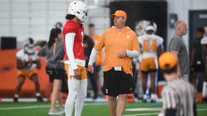 Tennessee’s Nico Iamaleava (8) and Tennessee head coach Josh Heupel during Tennessee football’s first fall practice, in Knoxville, Tenn., Wednesday, July 31, 2024.