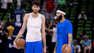 Apr 29, 2024; New Orleans, Louisiana, USA; Oklahoma City Thunder forward Chet Holmgren (7) talks with Oklahoma City Thunder forward Kenrich Williams (34) during warmups during game four of the first round for the 2024 NBA playoffs at Smoothie King Center. Mandatory Credit: Stephen Lew-Imagn Images