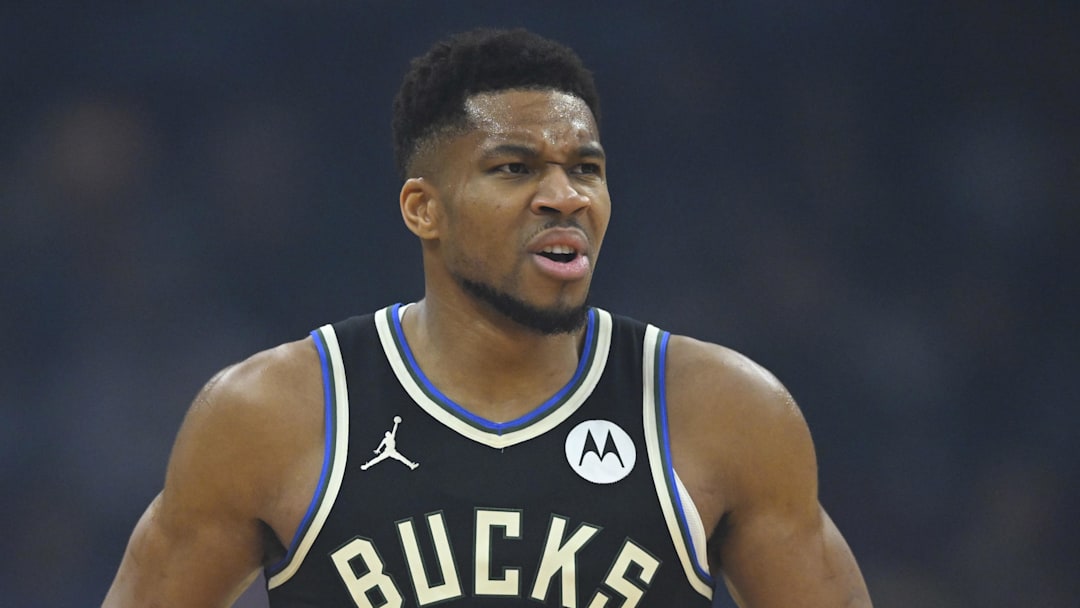 Nov 17, 2025; Cleveland, Ohio, USA; Milwaukee Bucks forward Giannis Antetokounmpo (34) reacts in the first quarter against the Cleveland Cavaliers at Rocket Arena. Mandatory Credit: David Richard-Imagn Images