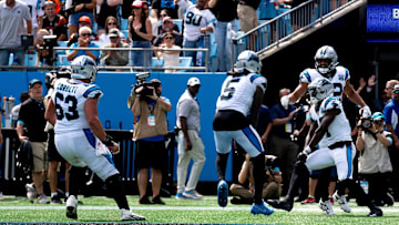 South Carolina football alum Xavier Legette celebrating his first NFL touchdown