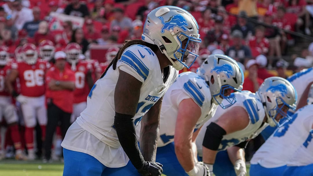 Aug 17, 2024; Kansas City, Missouri, USA; Detroit Lions wide receiver Daurice Fountain (12) at the line of scrimmage against the Kansas City Chiefs during the game at GEHA Field at Arrowhead Stadium. Mandatory Credit: Denny Medley-Imagn Images