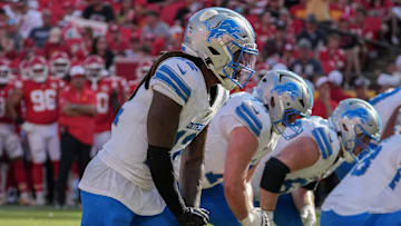 Aug 17, 2024; Kansas City, Missouri, USA; Detroit Lions wide receiver Daurice Fountain (12) at the line of scrimmage against the Kansas City Chiefs during the game at GEHA Field at Arrowhead Stadium. Mandatory Credit: Denny Medley-Imagn Images